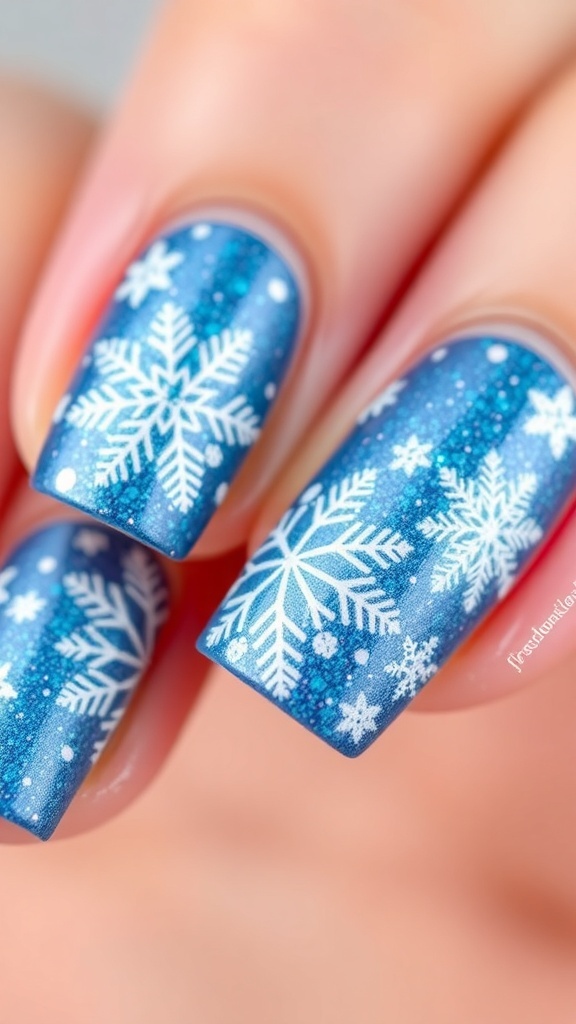 Close-up of Christmas nail art with snowflakes on blue nails.